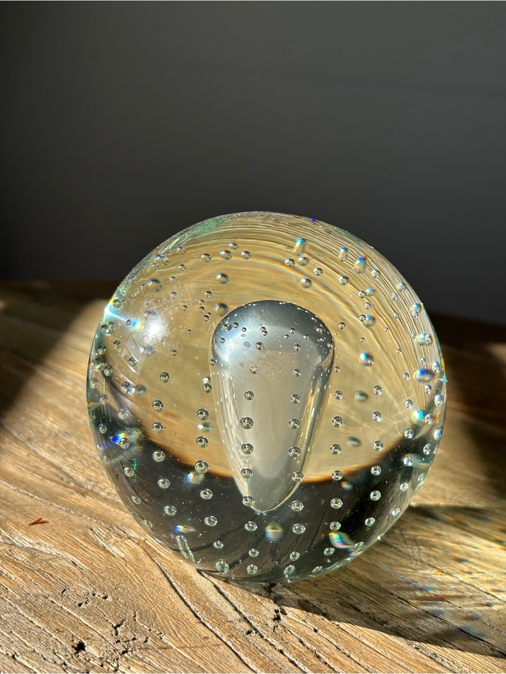 Vintage Hand Blown Round Controlled Bubble Art Glass Paperweight